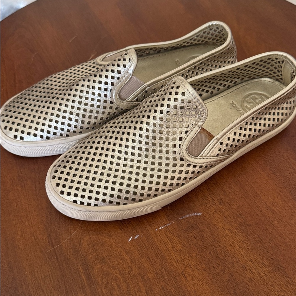 Tory Burch Metallic Slip-On Shoes Sneakees Espadrilles Laser Cut Mesh